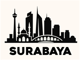 Fototapeta premium Surabaya City Skyline Vector Silhouette with Iconic Heroes Monument and Mosques