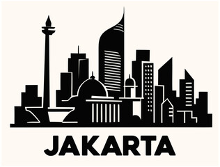 Obraz premium Black and White Silhouette of Jakarta City Skyline with Iconic Landmarks
