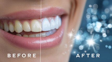 Stylized cosmetic dentistry promotional image, displaying a subtle smile in "before" with dim tones, and a vibrant, glossy "after" section with radiant white teeth, surrounded by c