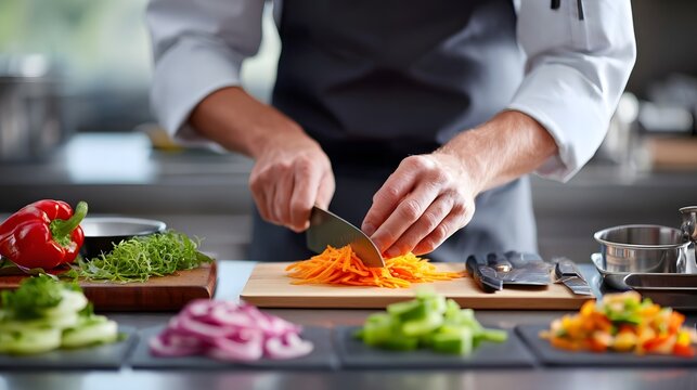 Chef s hands slicing carrots on a wooden board  Fresh colorful prepped vegetables surround the workspace highlighting healthy food prepa n in a professional kitchen