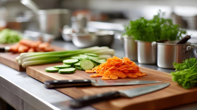 Professional kitchen scene featuring an assortment of freshly prepared vegetables including sliced carrots celery stalks and cucumber rounds alongside whole herbs ready for culinary use