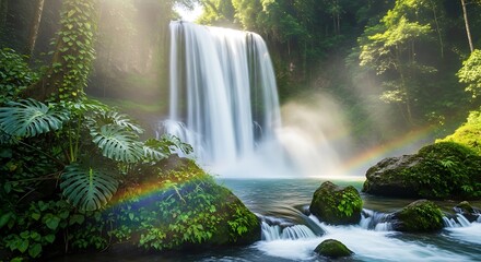 Obraz premium Spectacular waterfall cascading into a turquoise pool, with lush green foliage and a rainbow arching through the mist, a breathtaking natural landscape