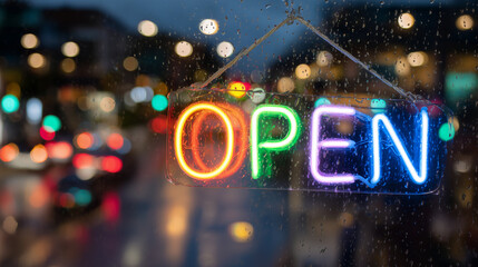 Vibrant neon "OPEN" sign glowing intensely in a shop window at night, reflections shimmering on wet glass, colorful city lights blurred in the background