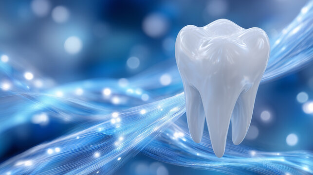 High-gloss tooth floating in a clean clinical setting, surrounded by soft swirling light ribbons that create an aura of health and freshness, serene blue background glowing subtly