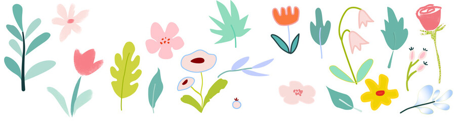 Obraz premium Flower crayon watercolor spring floral set. Hand drawn pastel crayon flower, leaf, plant with vector illustration of an abstract floral background, vector illustration of an abstract background, 