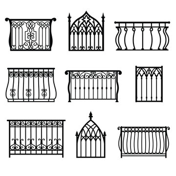 A set of nine black silhouette illustrations of decorative balcony railings. Designs range from intricate scrollwork and gothic arches to simple curved and straight balusters