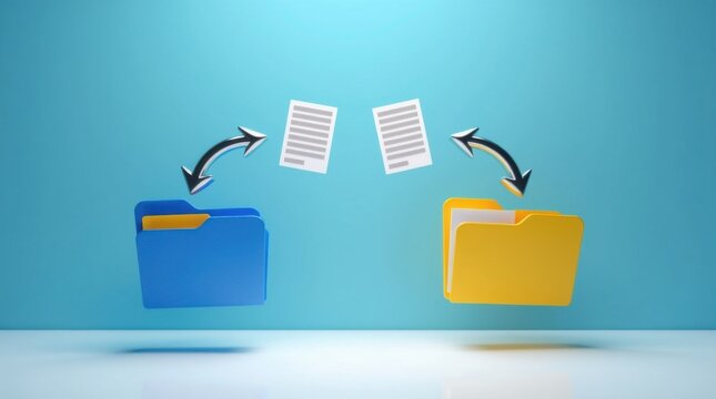 Carpetas azules y amarillas intercambiando documentos digitales con flechas flotantes