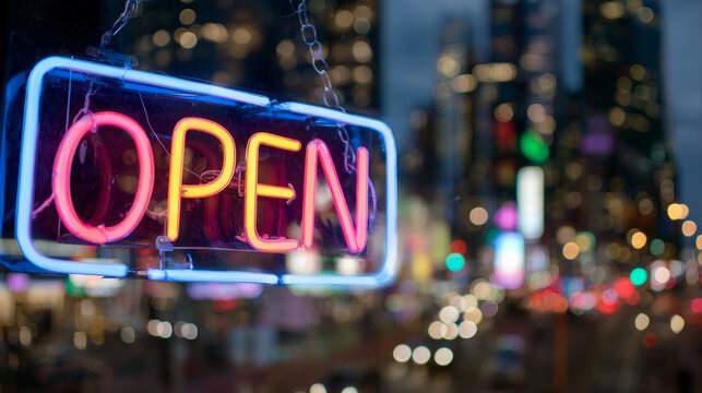 Close-up shot of a neon "OPEN" signâs tubes glowing vibrantly, with reflections bouncing on glass and nighttime city shapes blurred behind