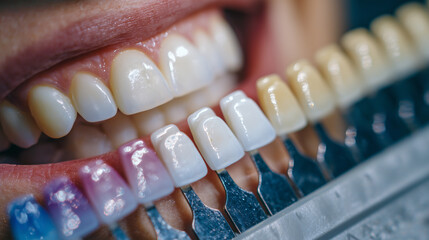 Macro shot of the dental shade guide positioned beside the patientâs whitened tooth surface, subtle color nuances highlighted by focused overhead light
