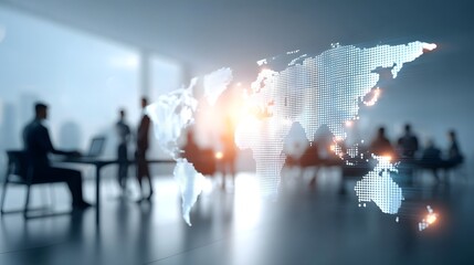 Abstract digital world map with glowing connections superimposed on a blurred background of business professionals in a modern office representing international strategy data and networking