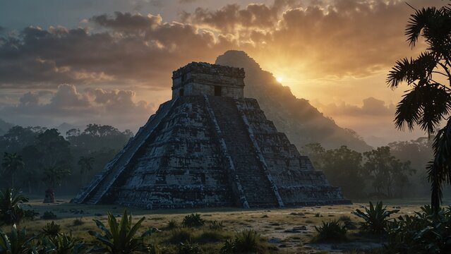 Frostcovered Mayan pyramid at sunrise ju