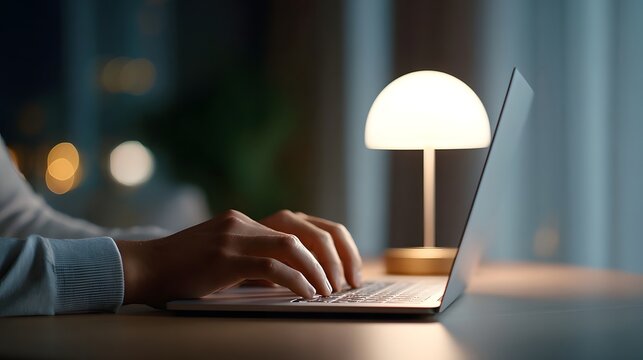 Close up of a person s hands actively typing on a modern laptop keyboard bathed in the warm glow of a desk lamp during a quiet evening or late night session