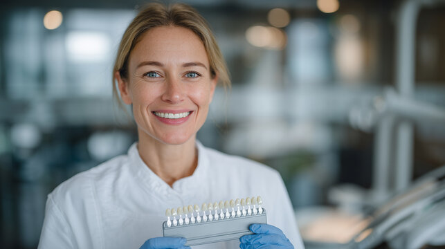 The dentist selects the ideal implant color, holding a shade guide near the patientâs bright smile, showcasing subtle enamel tones and expert matching technique