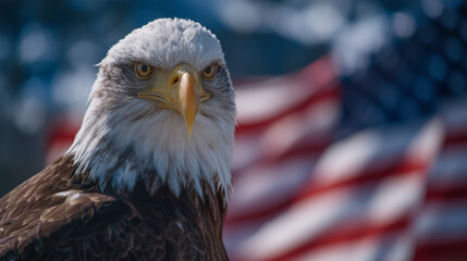 Naklejka premium Intense close-up of a bald eagleâs face, sharply defined feathers and bright yellow beak standing out against a gently waving, blurred U.S. flag
