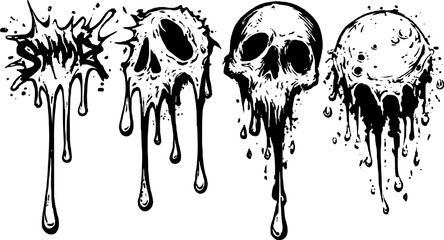 Vintage skull illustration in line drawing style with dripping ink effects. This vector design showcases a gothic theme in black and white.