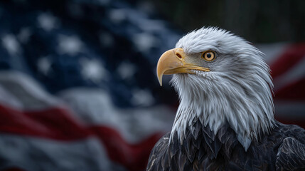 Obraz premium Regal bald eagle in close profile, fierce eye gleaming with intensity, blurred American flag flowing behind to emphasize dignity and strength