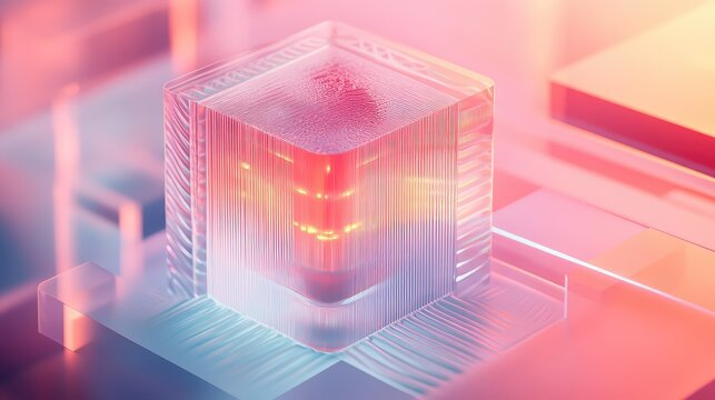 Glowing glass cube representing digital technology and data processing