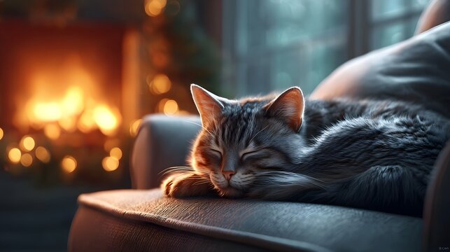A content tabby cat naps deeply on a plush armchair illuminated by the soft warm glow of a crackling fireplace and blurred festive lights evoking a sense of ultimate comfort and domestic tranquility