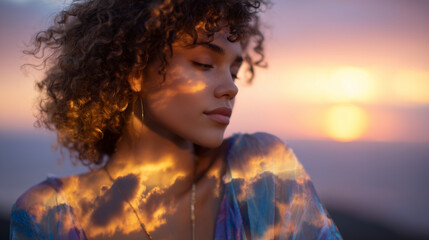 Close-up profile of a woman blended with glowing clouds at dawn, soft gradients of pink, orange, and gold forming a serene double-exposure composition with introspective mood