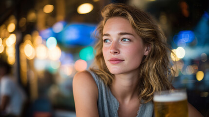Obraz premium Close-up of a blond woman sitting at a bar, soft focus on her thoughtful eyes, long hair catching ambient multicolored lights, glass of frothy beer in front, reflections adding dep
