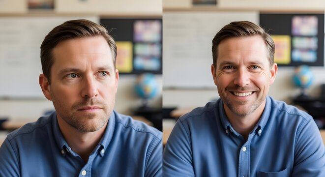 A side-by-side comparison of two professional men with different facial expressions in a modern office environment with screens and a globe in the background