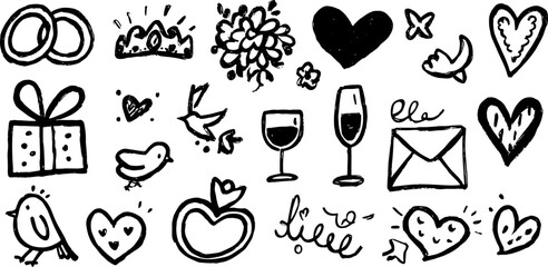 Silhouette doodle of wedding symbols and love icons: rings, hearts, birds, and gifts. Black line vector illustration set for various occasions.