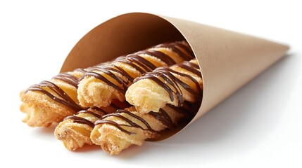 Close up of delicious fried churros with a sugar coating and chocolate drizzle served in a disposable paper cone on a white background