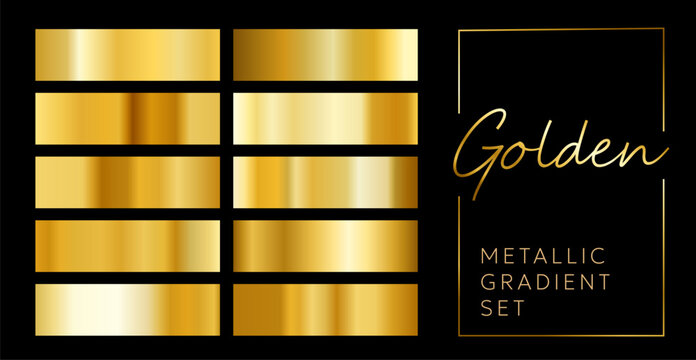 Vector set of different shine texture swatch of golden gradation. 3d realistic style design of shiny gold metallic gradient pattern with text in frame. Collection of yellow metal foil effect