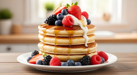 A tall stack of fluffy pancakes topped with fresh berries, raspberries, blueberries, and blackberries, drizzled with syrup and cream on a white plate, presented on a wooden table