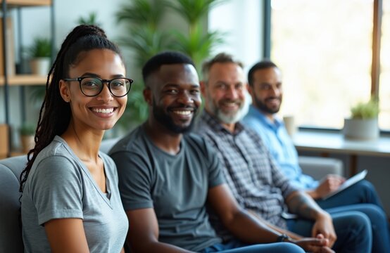 Smiling multi-ethnic diverse business people group sit together in modern office space. Young woman with glasses smiles warmly, looking at camera. Colleagues gather for happy meeting, discussing new