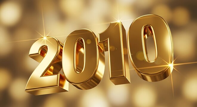 Glistening golden 2010 numbers float on a bokeh background.