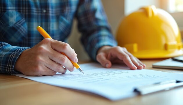 Person in a blue plaid shirt signs construction documents. Yellow pen and hardhat on table. A home renovation contract is underway. Business deal or agreement about the house.