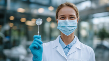 Close-up of a female dentist holding a polished dental mirror, wearing gloves and mask, soft daylight streaming into a modern clinic, conveying precision and professionalism