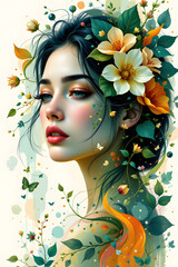 Abstract Portrait Woman with Floral Elements