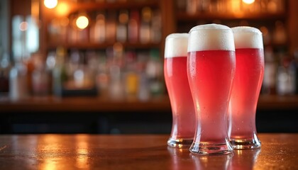 Three glasses of pink beer with white foam stand on wooden bar counter. Refreshing drinks in pub restaurant setting with warm bokeh lights in blurred background. Looks like fun evening out.