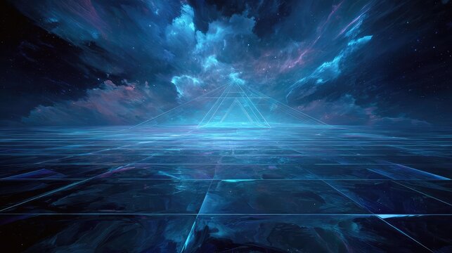 Abstract futuristic grid landscape with glowing pyramid and nebula
