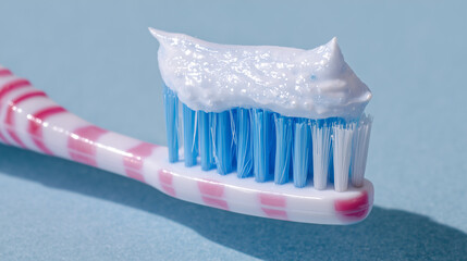 Macro view of toothpaste neatly applied to a toothbrush, smooth creamy texture highlighted by soft lighting, minimalistic pale background