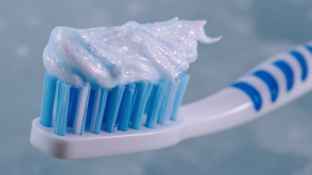 Macro view of toothpaste neatly applied to a toothbrush, smooth creamy texture highlighted by soft lighting, minimalistic pale background - Powered by Adobe