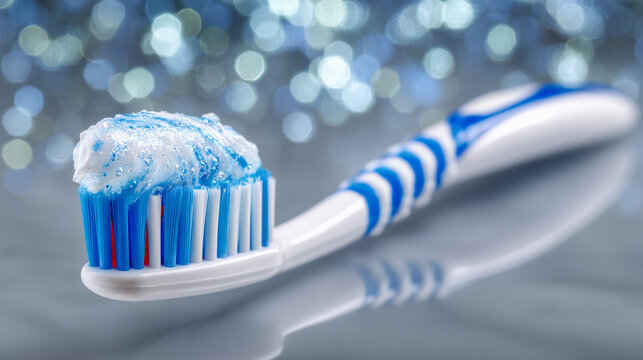 Bright and crisp image of a toothbrush loaded with toothpaste, bristles fanned out slightly, minimal light background enhancing hygiene feel