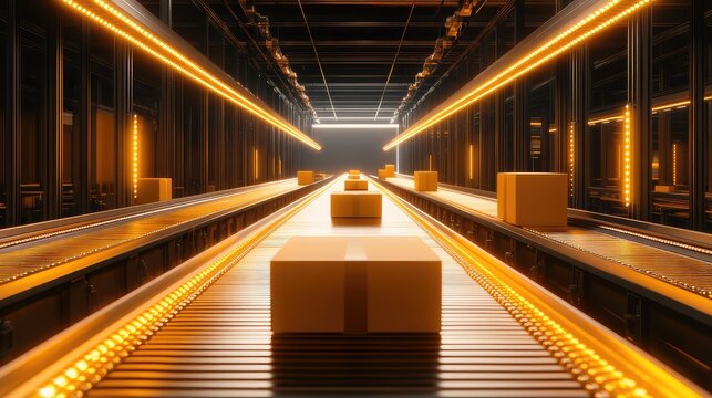 Packages moving along automated conveyor belts in smart warehouse