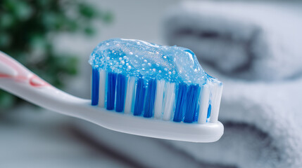 Close-up view focusing on the smooth glossy toothpaste applied to toothbrush bristles, light background emphasizing clinical freshness and dental care