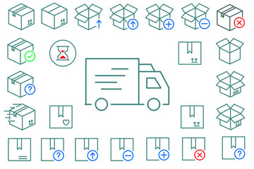 Shipping and Delivery Box Icon Set – Logistics, Packaging, Courier, Parcel Line Icons Collection