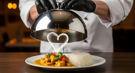 chef preparing food Chef Lifting Silver Cloche Revealing Chicken Curry and Rice with Heart-Shaped Steam stock image 
