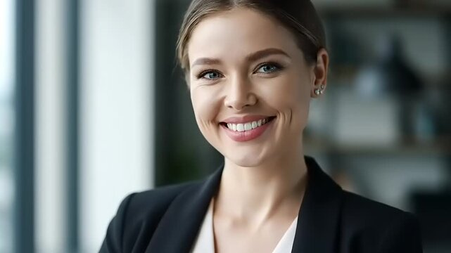Professional young woman smiling happily in office