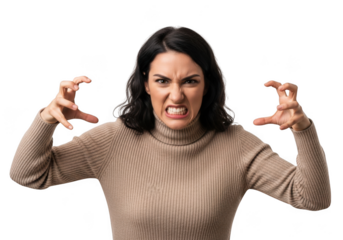 Furious woman growling with anger and clenched fists, expressing intense rage and frustration isolated on transparent background