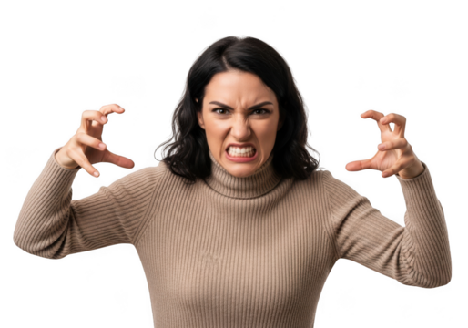 Furious woman growling with anger and clenched fists, expressing intense rage and frustration isolated on transparent background