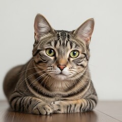 Obraz premium Striped feline rests with paws crossed and green eyes open.