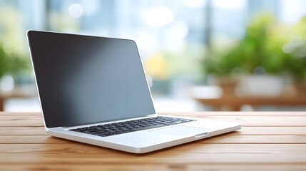 A sleek silver laptop is positioned on a warm wooden table its blank screen facing forward set against a defocused backdrop of greenery and soft light ideal for tech and business concepts