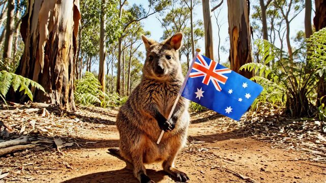 A cute wallaby holds the Australian flag in a forest environment celebrating national pride and nature