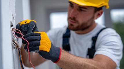 Precision-focused image of electrician fixing wall outlet, gloved fingers carefully positioning copper wires, tools visible around, bright and clean home wall behind